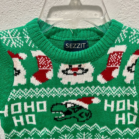 Sezzit Green Santa Stocking Dinosaur Graphic Print Christmas Holiday Sweater - Picture 2 of 8
